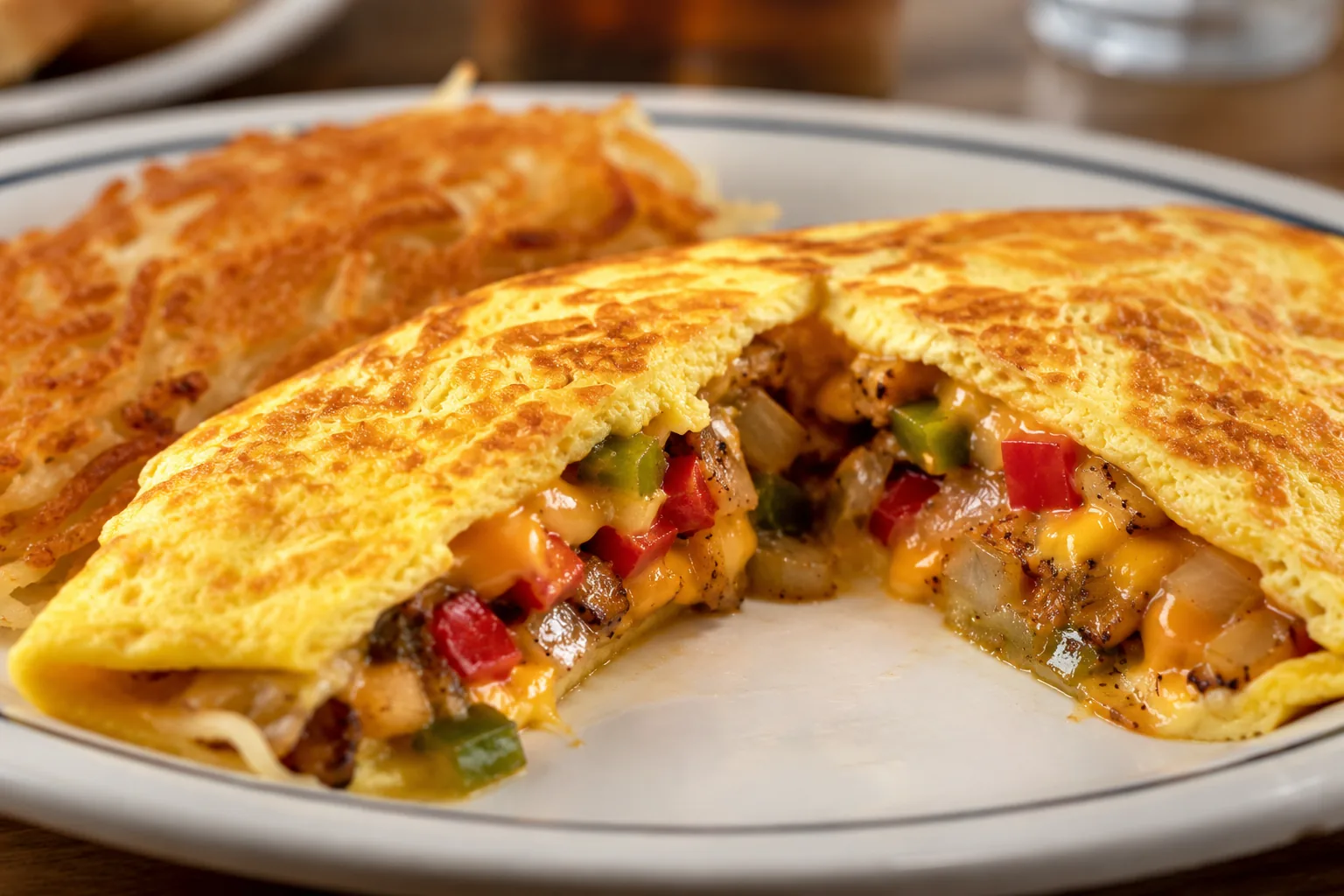 Cross-section of a stuffed omelette showing filling layers, related to IHOP's Stuffed N Stacked omelettes