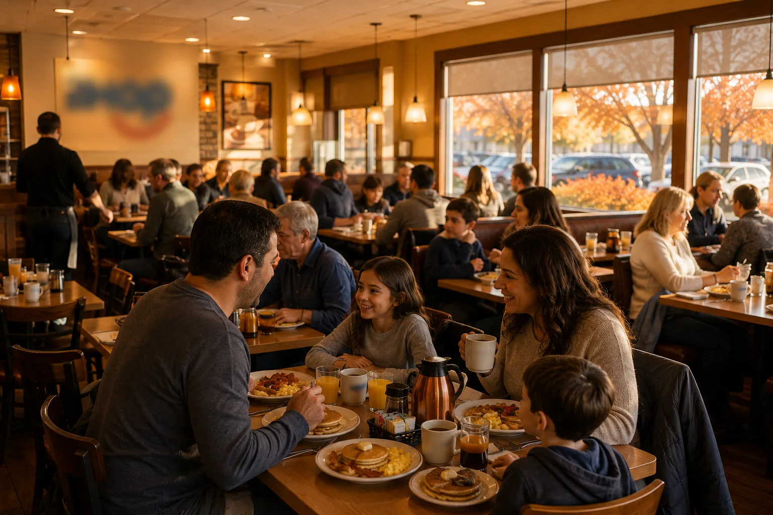 Busy diner morning crowd, related to IHOP's Thanksgiving hours and breakfast traffic